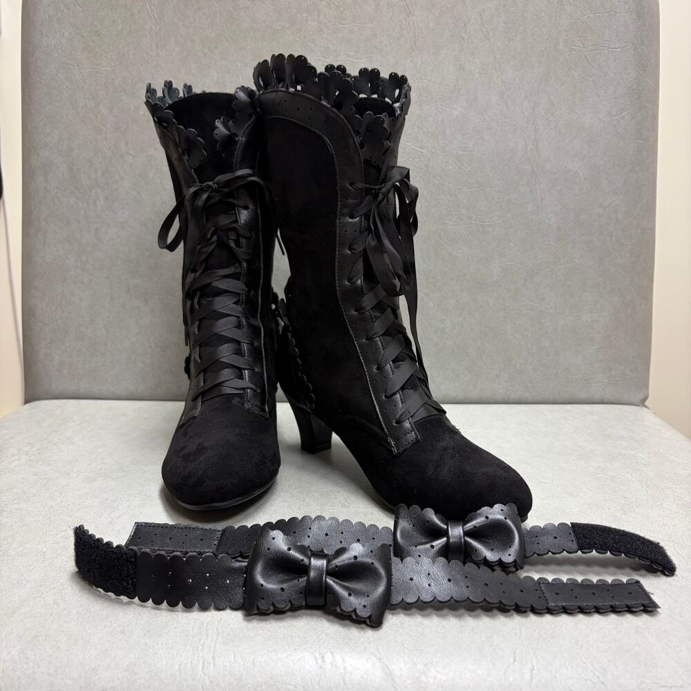 Lanrey Taley Sweet Bow Lace-Up Victorian Faux Suede Victorian Black Boots EU 39